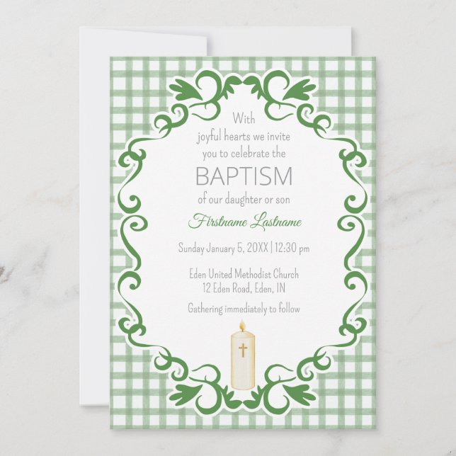 019 Forest Scroll Gingham Cross Candle Baptism Invitation (Front)
