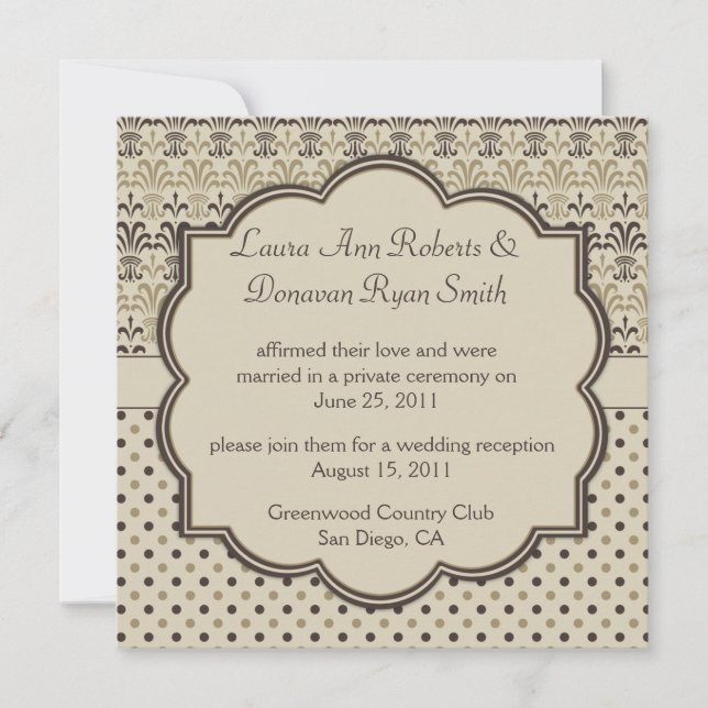 01 Brown Tan Cream Damask Dots Post Wedding Invitation (Front)