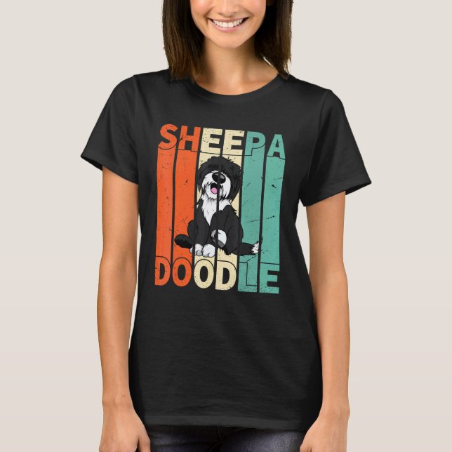 01 Funny Sheepadoodle Black Poodle Retro Doodle T-Shirt (Front)