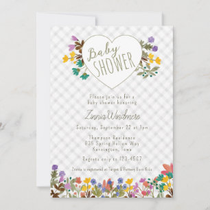 020 Fog Gingham Garden Heart Floral Baby Shower Invitation
