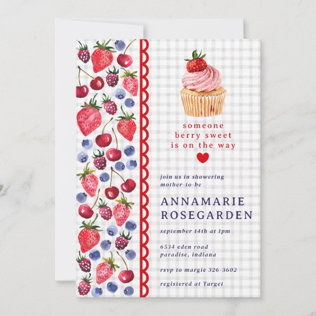 020 Fog Grey Berry Patch Cupcake Baby Shower Invitation (Front)