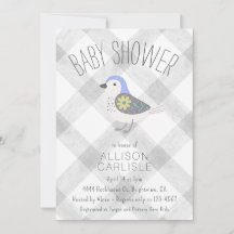 020 Fog Grey Cute Floral Bird Gingham Baby Shower