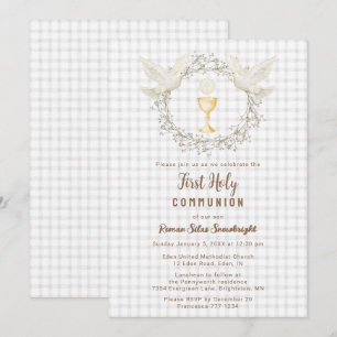 020 Fog Grey Dove & Chalice Gingham 1st Communion Invitation