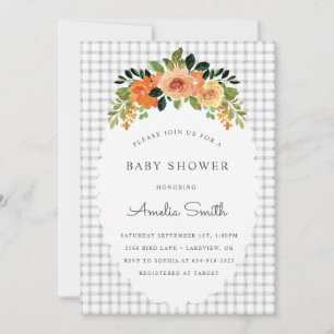 020 Fog Grey Floral Gingham Baby Shower Invitation