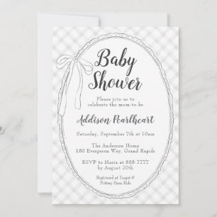 020 Fog Grey Heirloom Lace Gingham Baby Shower Invitation