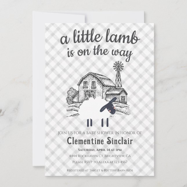 020 Fog Grey Little Lamb Farm Plaid Baby Shower Invitation (Front)