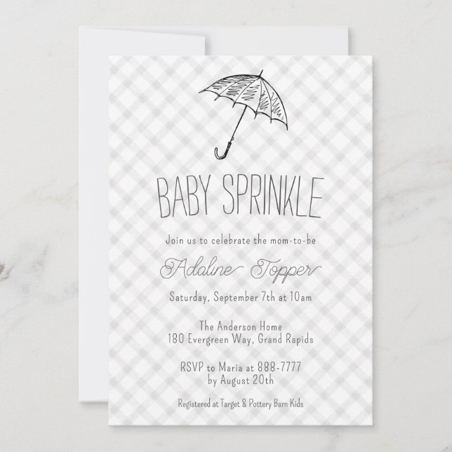020 Fog Grey Modern Umbrella Gingham Baby Sprinkle Invitation (Front)