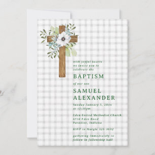 020 Fog Grey Rustic Greenery Wooden Cross Baptism Invitation