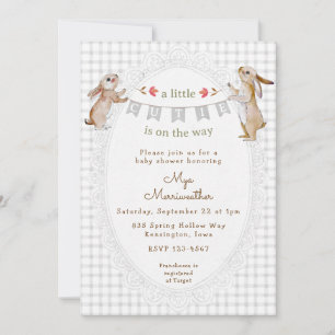 020 Fog Grey Sweet Bunny Gingham Baby Shower Invitation