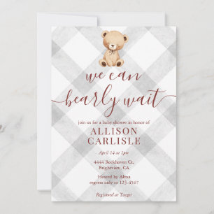 020 Fog Grey Teddy Bear Gingham Baby Shower Invitation