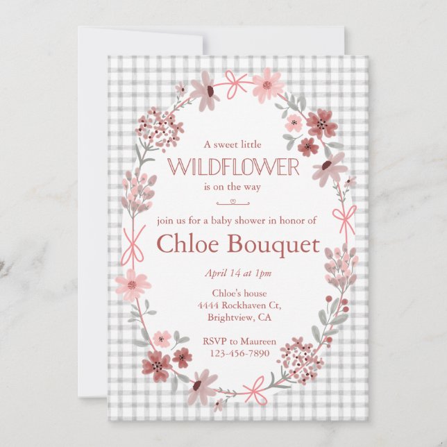 020 Fog Grey Wildflower Bow Gingham Baby Shower Invitation (Front)
