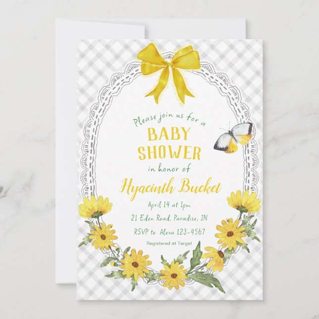 020 Fog Grey Yellow Daisy Bow Gingham Baby Shower Invitation (Front)