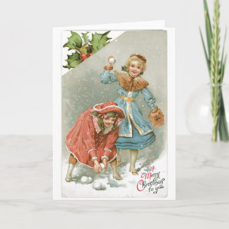 025 Vintage Christmas Card Blonde Girls Snowballs