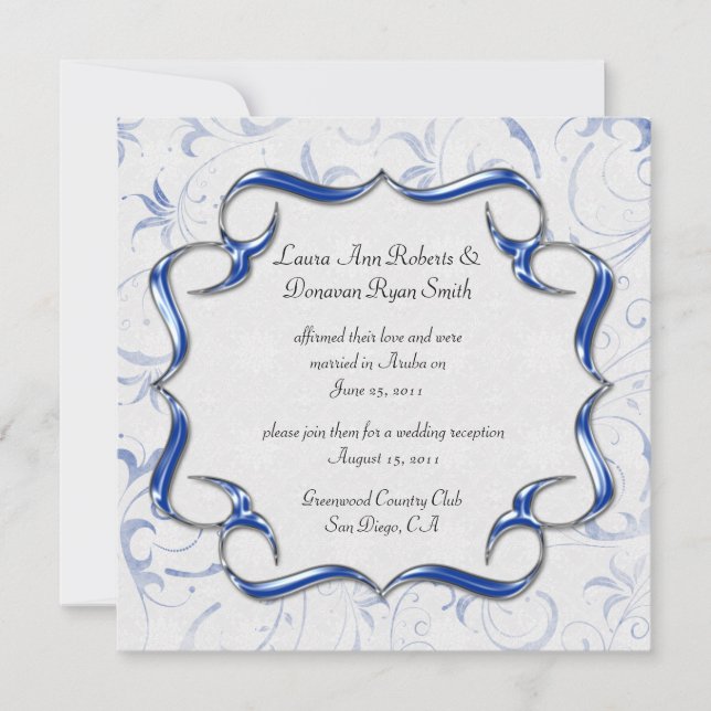 02 Ornate Bright Royal Blue Silver Post Wedding Invitation (Front)