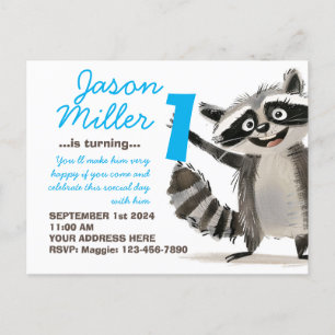 02 Racoon themed birthday party for babe turning 1 Invitation Postcard