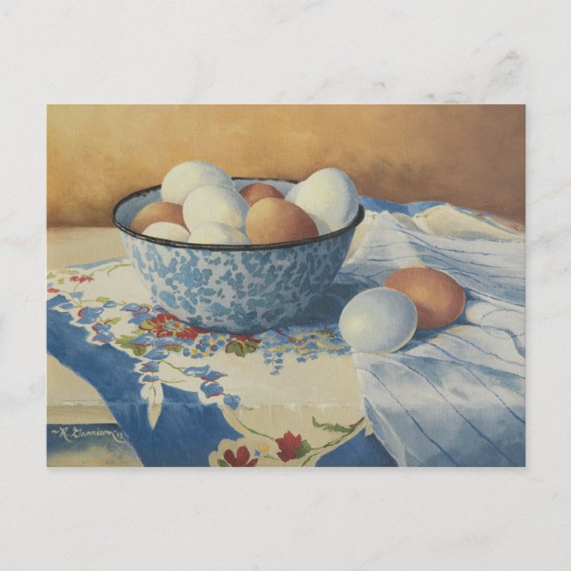 0492 Eggs in Blue Enamel Bowl Postcard (Front)