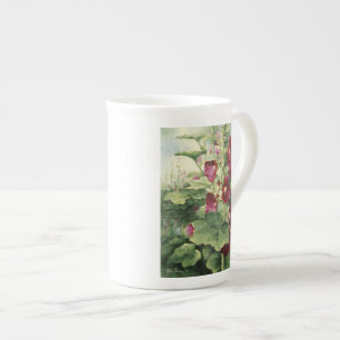 0536 Burgundy Hollyhocks Bone China Mug