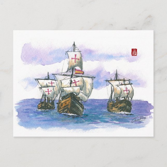 (057) La Nina, La Pinta, The Santa Maria Sailboats Postcard (Front)