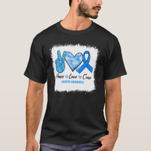 0 Bleached Peace Love Cure Blue Ribbon Diabetes Aw T-Shirt