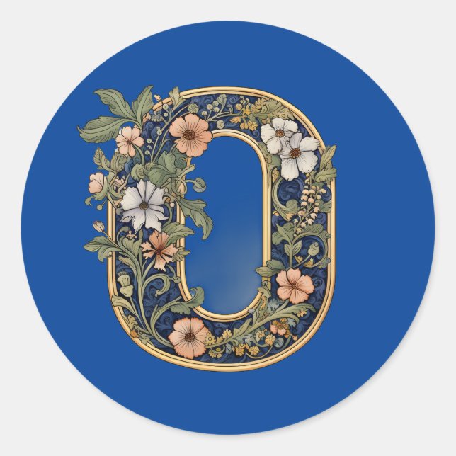 0 Monogram blue floral AI-generated Classic Round Sticker (Front)
