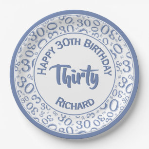 0th Birthday Funky Number Pattern Blue/White Paper Plate