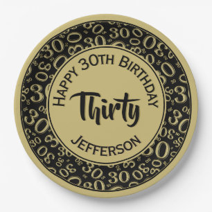 0th Birthday Funky Number Pattern Gold/Black Paper Plate