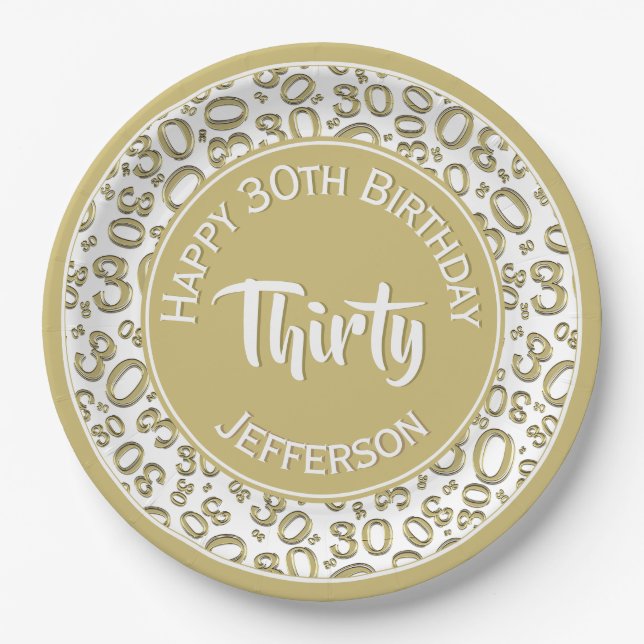 0th Birthday Funky Number Pattern Gold/White Paper Plate (Front)