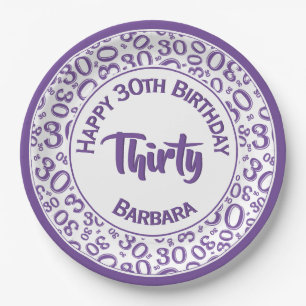 0th Birthday Funky Number Pattern Purple/White Paper Plate