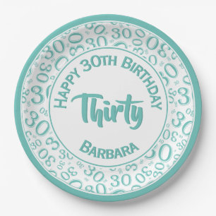0th Birthday Funky Number Pattern Teal/White Paper Plate
