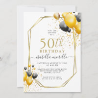 0th Birthday Gold Black Balloons Glitter Invitatio
