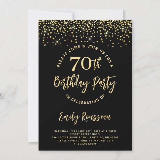0th Birthday Gold Glitter Confetti Black  Invitation (Front)