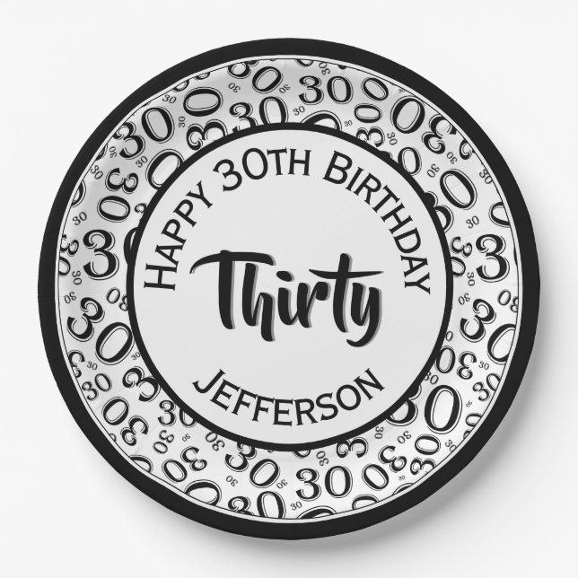 0th Random Number Pattern Black/White Paper Plate (Front)
