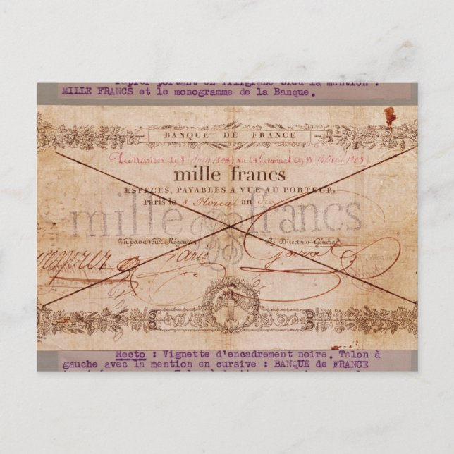 1000 Francs banknote from 8 Floreal, An X Postcard (Front)