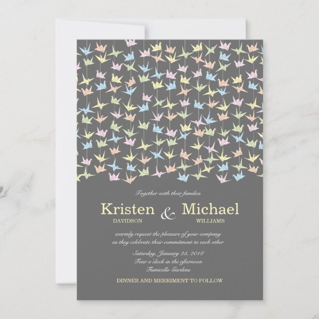 1000 Hanging Origami Paper Cranes Wedding (Grey) Invitation (Front)