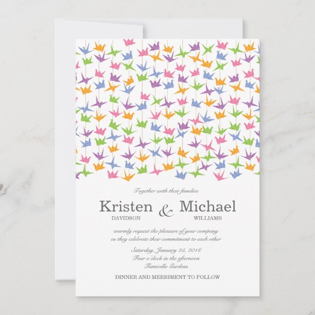 1000 Hanging Origami Paper Cranes Wedding Invitation (Front)