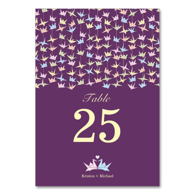 1000 Hanging Origami Paper Cranes Wedding (Purple) Table Number (Front)
