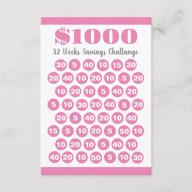 1000 Savings Challenge Pink 52 Weeks Insert Card (Front)