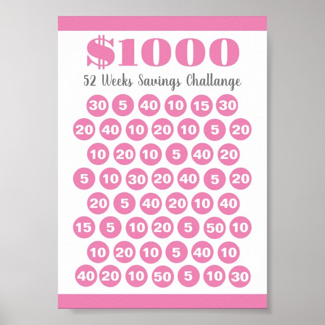 1000 Savings Challenge Pink 52 Weeks Printable Poster (Front)