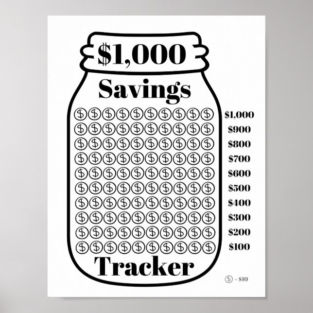 $1000 Savings Tracker Mason Jar Budget Goal Sheet Poster (Front)