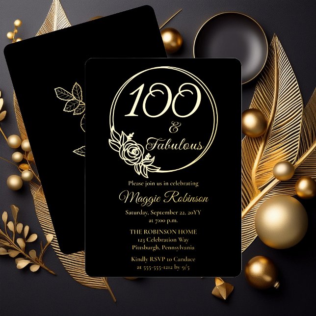 100 and Fabulous 100th Birthday Party Stamped (Simply Elegant Rose Wreath 100 and Fabulous 100th Birthday Party Black Stamped Gold Foil Invitation )