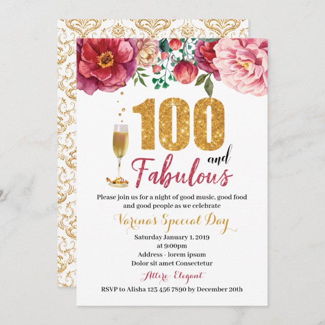 100 and Fabulous Birthday Invitation for Women (Front/Back)