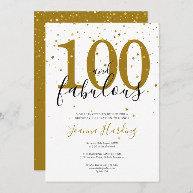 100 and Fabulous Elegant Gold and Black Birthday Invitation (Front/Back)
