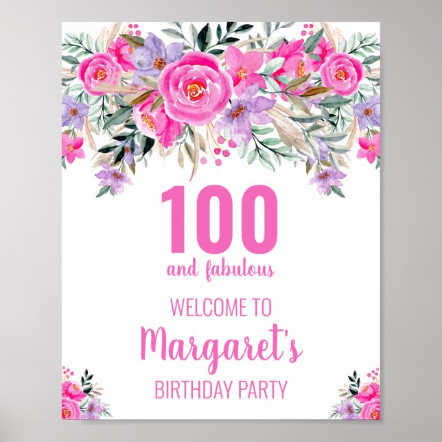100 and fabulous pink elegant birthday party  poster (Front)