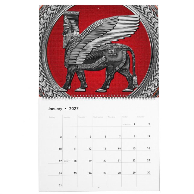 [100] Assyrian Winged Bull: Silver & Black Lamassu Calendar (Jan 2027)