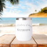 100 Birthday Century Celebration Black White Gift<br><div class="desc">Celebrate a century of life with this personalised wine tumbler! Add the name, DOB, and a custom message to honour the remarkable 100-year milestone in style. This trendy super cute personalised stemless wine glass makes a great gift for a fantastic woman celebrating the fabulous 100th Milestone Birthday. This design features...</div>