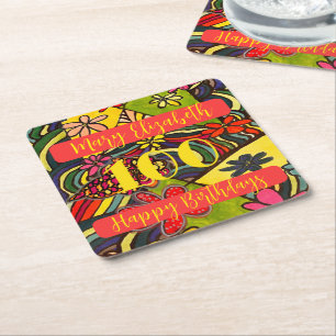 100 Birthdays Floral Square Paper Coaster