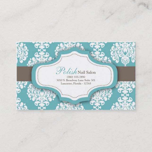 100 Blue Damask Nail Technician Business Card (Front)