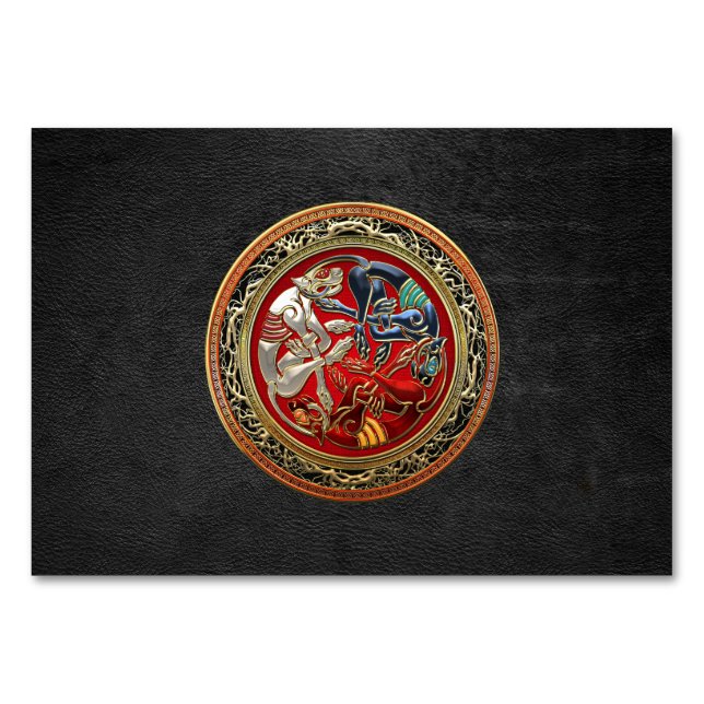 [100] Celtic Treasures - Three Dogs on Gold Table Number (Front)