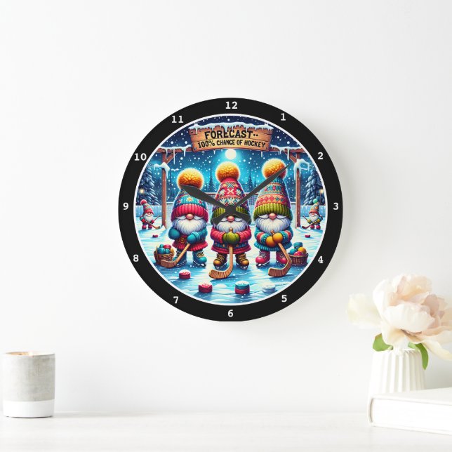 100% Chance of Hockey" - Gnomes on Ice Christmas Large Clock (Home)