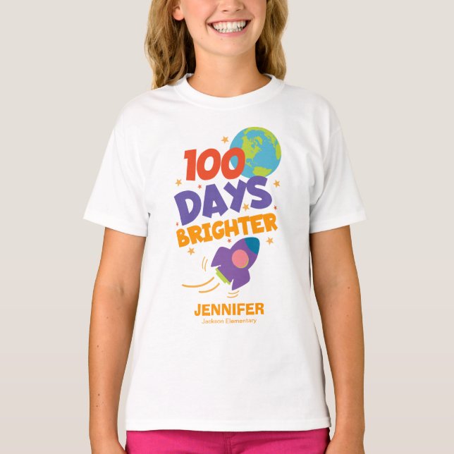 100 Days Brighter Cute Rocket 100 Days of School T-Shirt (Front)
